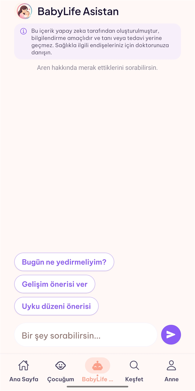 BabyLife yapay zekâ asistanı — öneri soruları ve mesaj kutusu