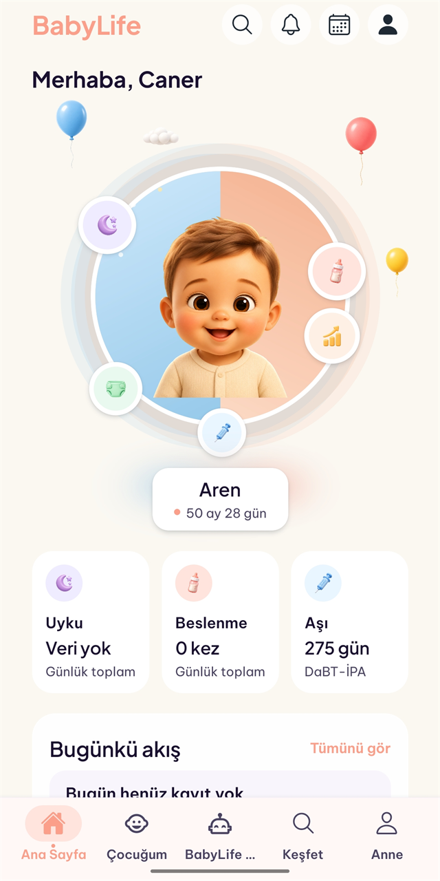 BabyLife ana sayfa — çocuk kartı, uyku/beslenme/aşı özeti
