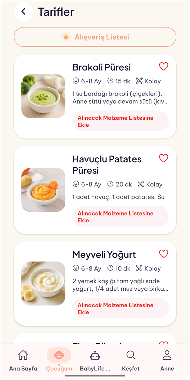 BabyLife tarifler — ek gıda tarif listesi ve alışveriş listesi