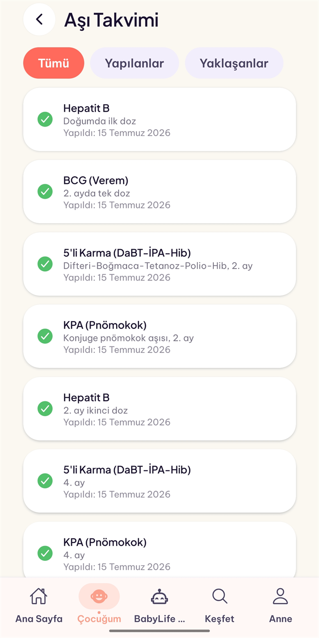 BabyLife aşı takvimi — yapılan aşılar ve tarihleri